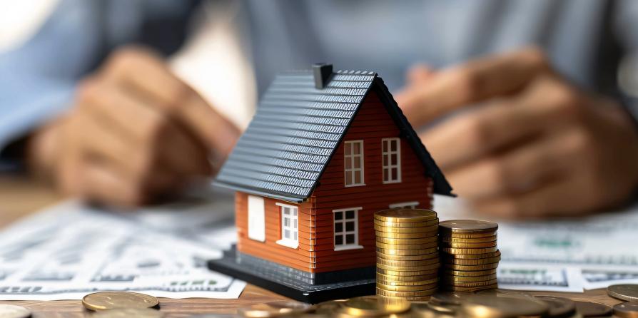 Maquette de maison, piles de monnaie, homme en arrière plan