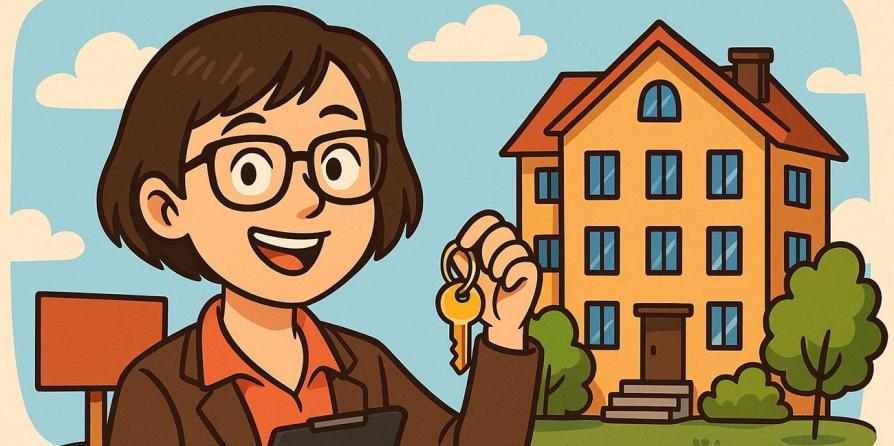 Femme tenant un clé devant une maison 