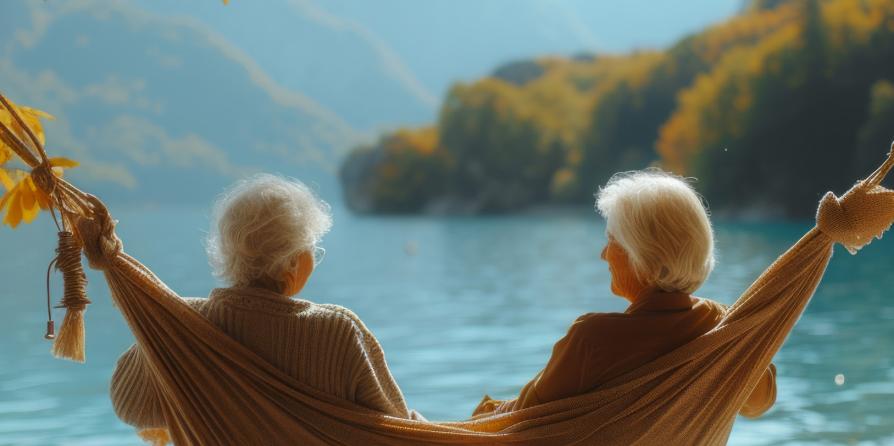 Deux femmes seniors devant un lac