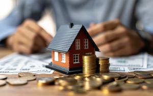 Maquette de maison, piles de monnaie, homme en arrière plan