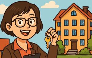 Femme tenant un clé devant une maison 