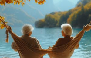 Deux femmes seniors devant un lac