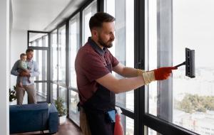 Un aide à domicile nettoyant les vitres (c) freepik